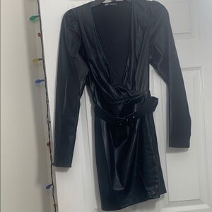 Black Faux Leather Dress with Belt